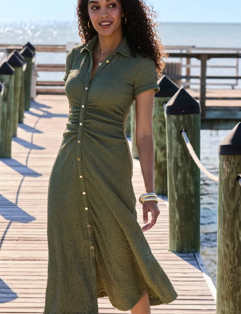 Textured Ruched Button Through Midi Shirt Dress