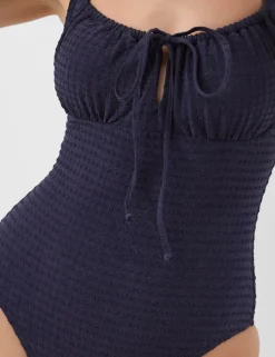 Textured Square Neck Tie Detail Swimsuit