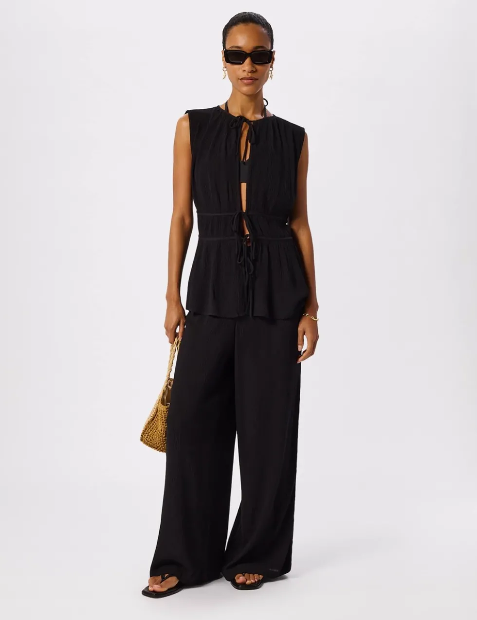 Textured Tie Fastening Beach Cover Up Shirt