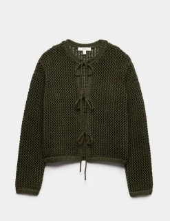 Textured Tie Front Slim Fit Cropped Cardigan