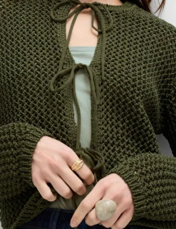 Textured Tie Front Slim Fit Cropped Cardigan