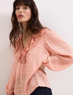 Textured Tie Neck Ruffle Blouse
