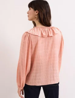 Textured Tie Neck Ruffle Blouse