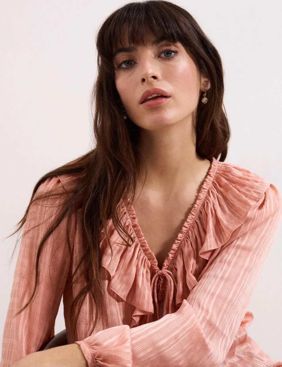 Textured Tie Neck Ruffle Blouse