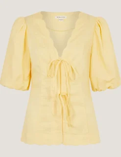 Tie Front Puff Sleeve Top with Linen