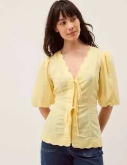 Tie Front Puff Sleeve Top with Linen