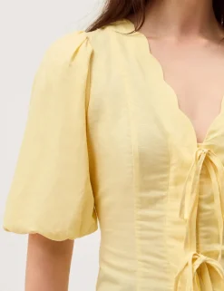 Tie Front Puff Sleeve Top with Linen