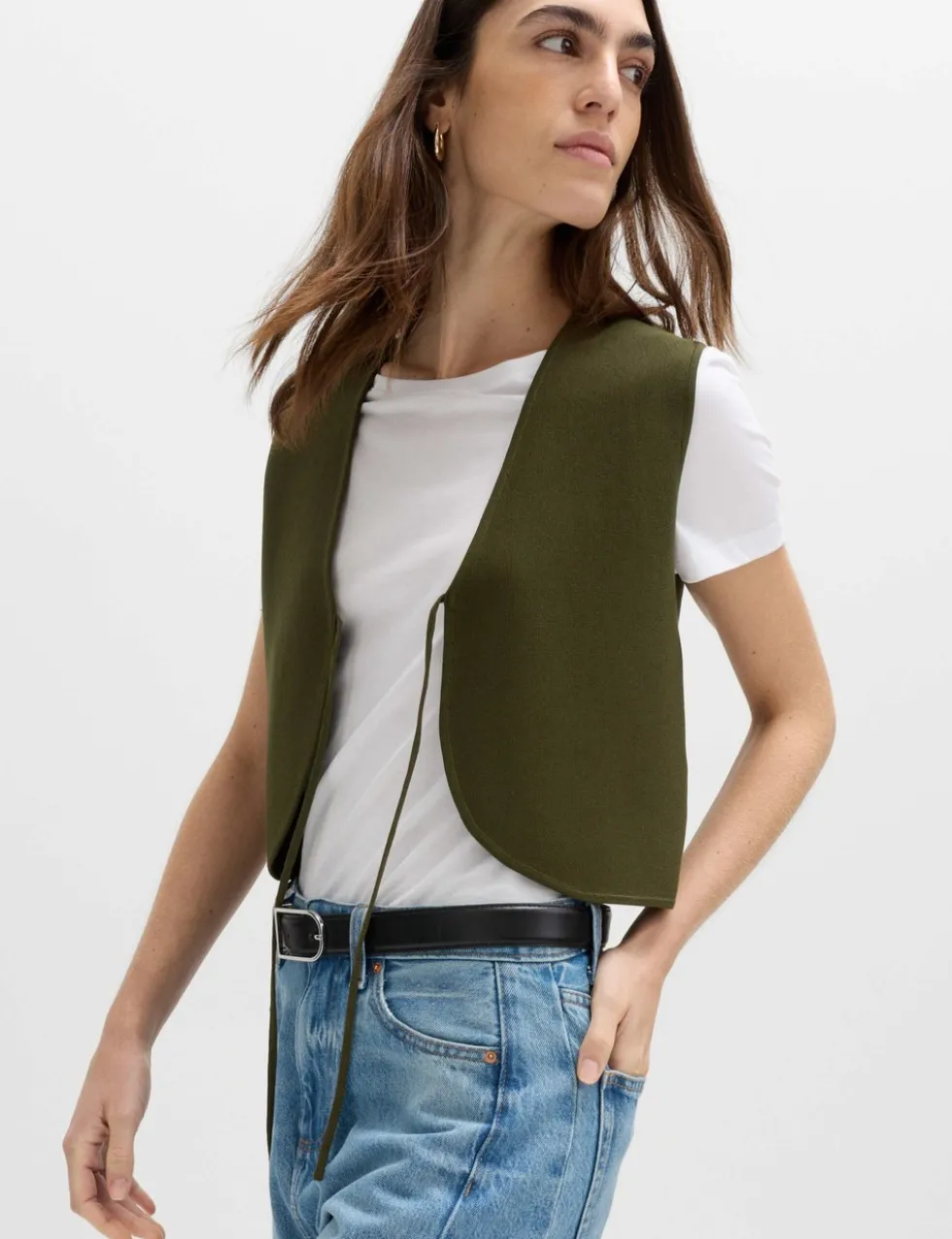 Tie Front Slim Fit Cropped Knitted Waistcoat