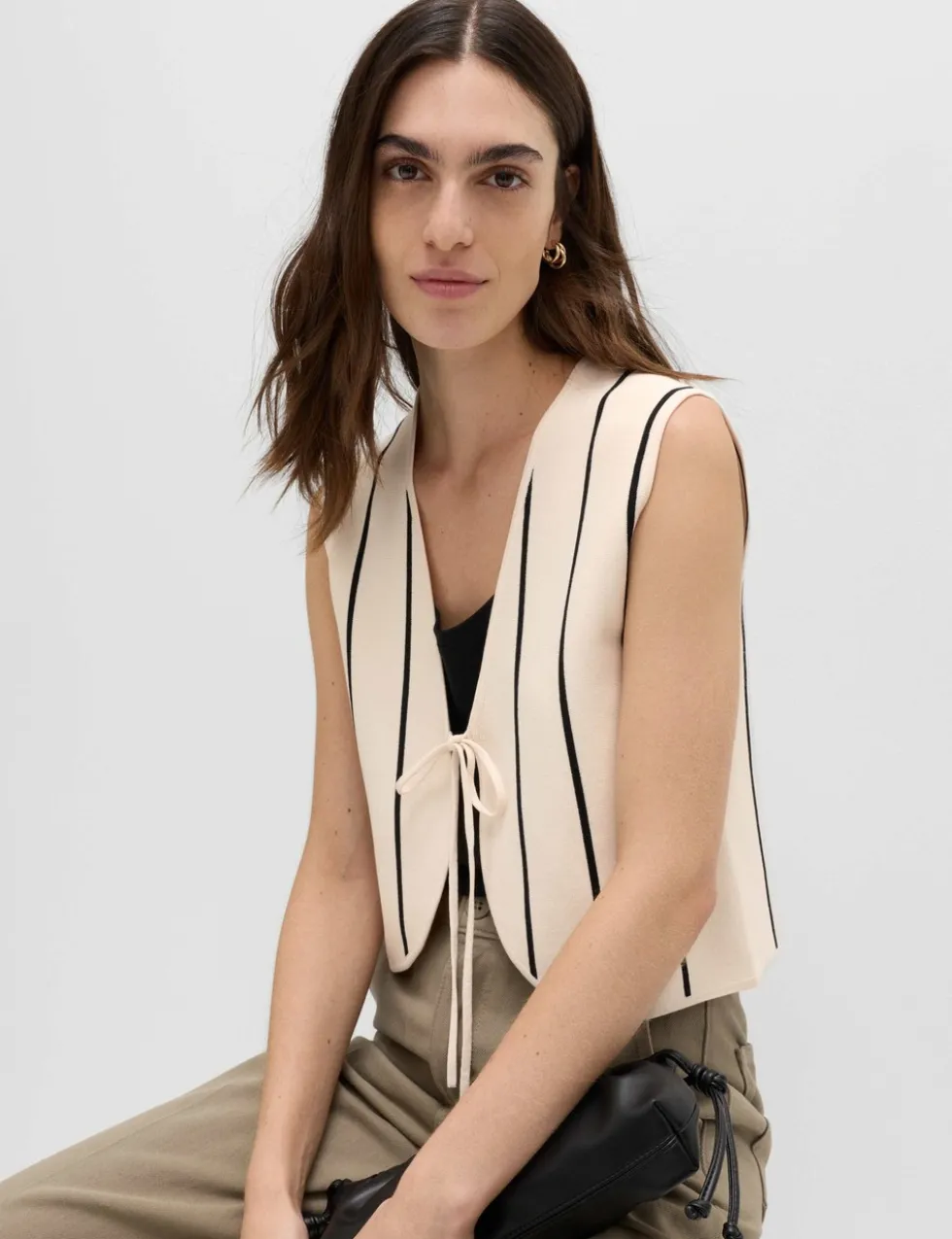Tie Front Striped Cropped Knitted Waistcoat