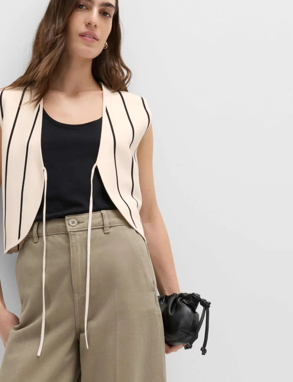 Tie Front Striped Cropped Knitted Waistcoat
