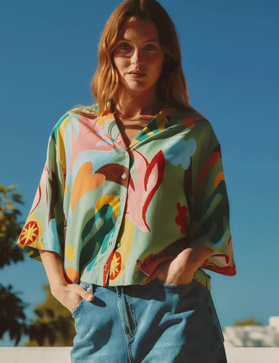 Tropical Print Collared Shirt