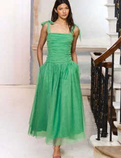 Tulle Ruched Square Neck Maxi Waisted Dress