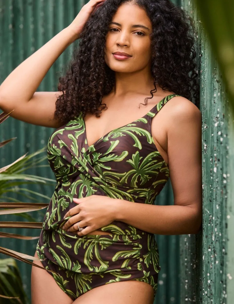 Tummy Control Palm Print Padded Tankini Top