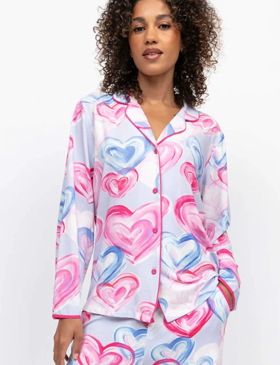 Valentines Cotton Modal Heart Print Revere Pyjama Top