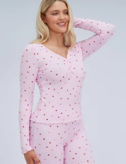 Valentines Ribbed Heart Print Henley Pyjama Set