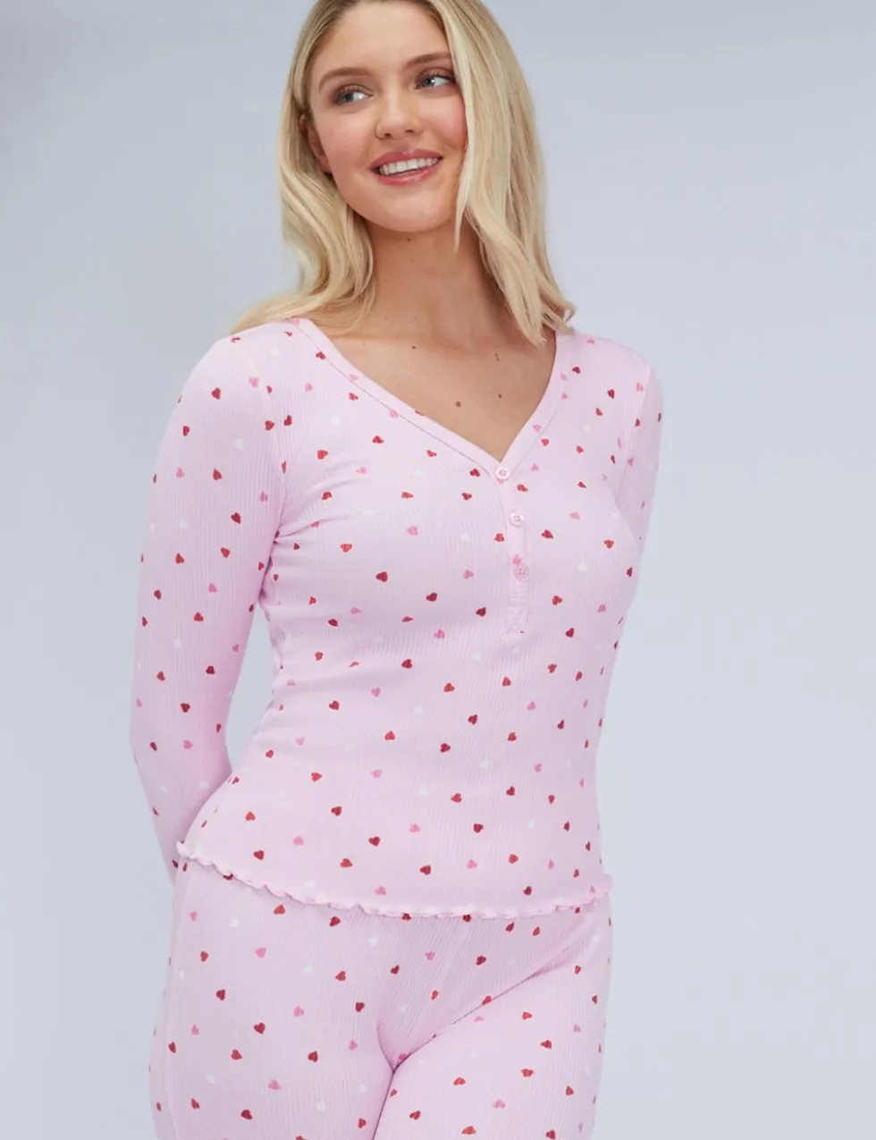 Valentines Ribbed Heart Print Henley Pyjama Set