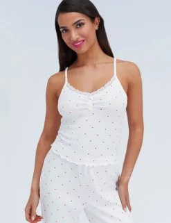 Valentines Ribbed Heart Print Lace Trim Pyjama Set