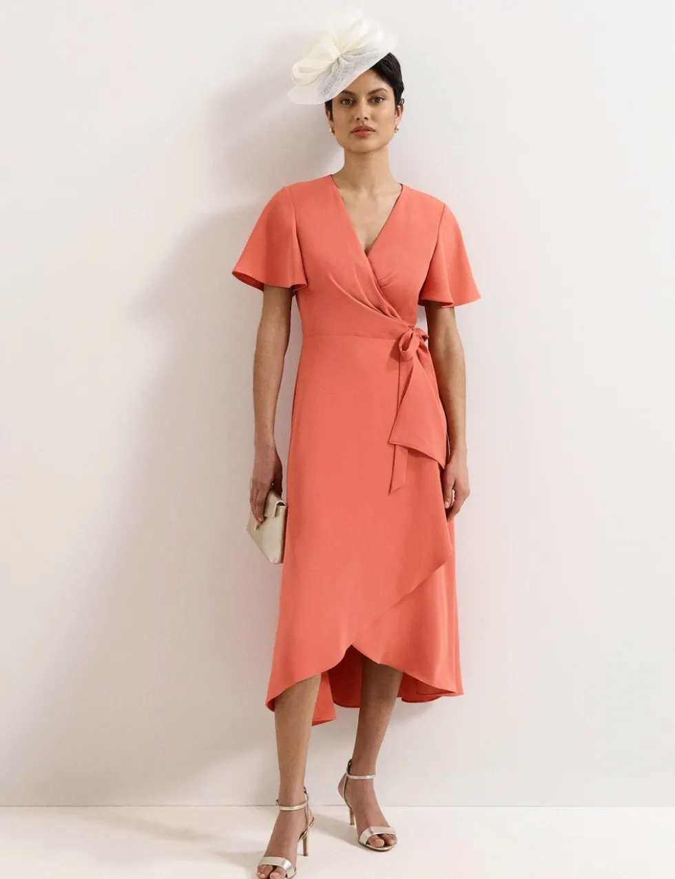 V-Neck Angel Sleeve Midi Wrap Dress