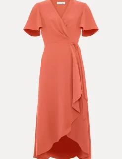 V-Neck Angel Sleeve Midi Wrap Dress
