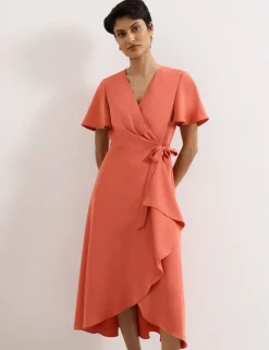 V-Neck Angel Sleeve Midi Wrap Dress