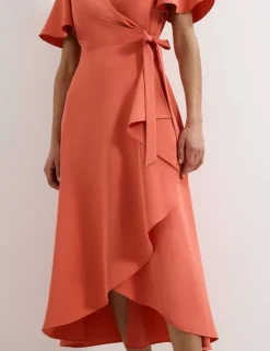 V-Neck Angel Sleeve Midi Wrap Dress