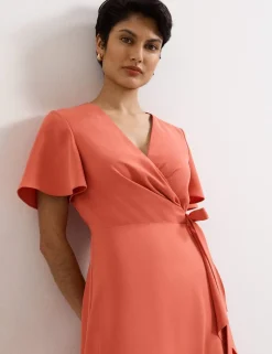 V-Neck Angel Sleeve Midi Wrap Dress
