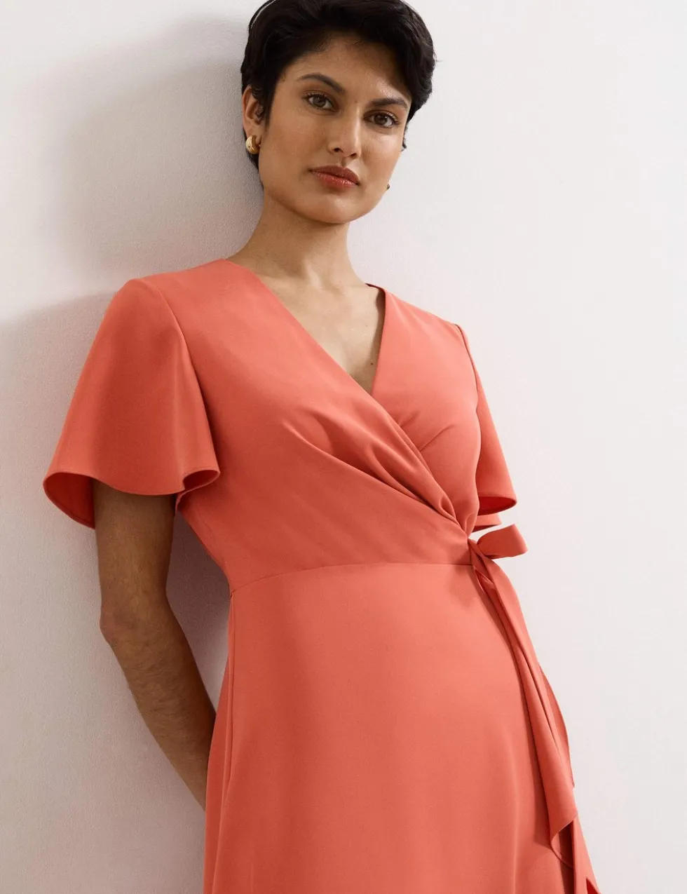 V-Neck Angel Sleeve Midi Wrap Dress