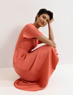 V-Neck Angel Sleeve Midi Wrap Dress