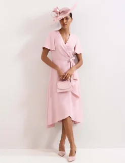 V-Neck Angel Sleeve Midi Wrap Dress