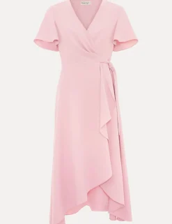 V-Neck Angel Sleeve Midi Wrap Dress