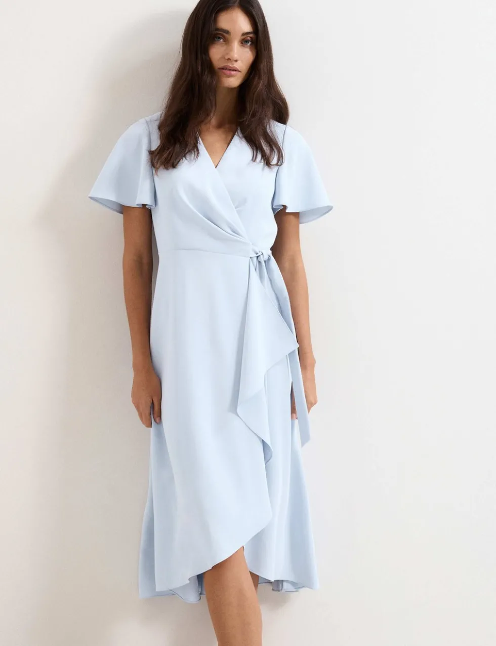 V-Neck Angel Sleeve Midi Wrap Dress