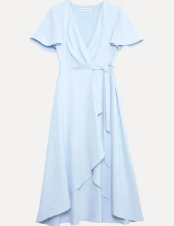V-Neck Angel Sleeve Midi Wrap Dress