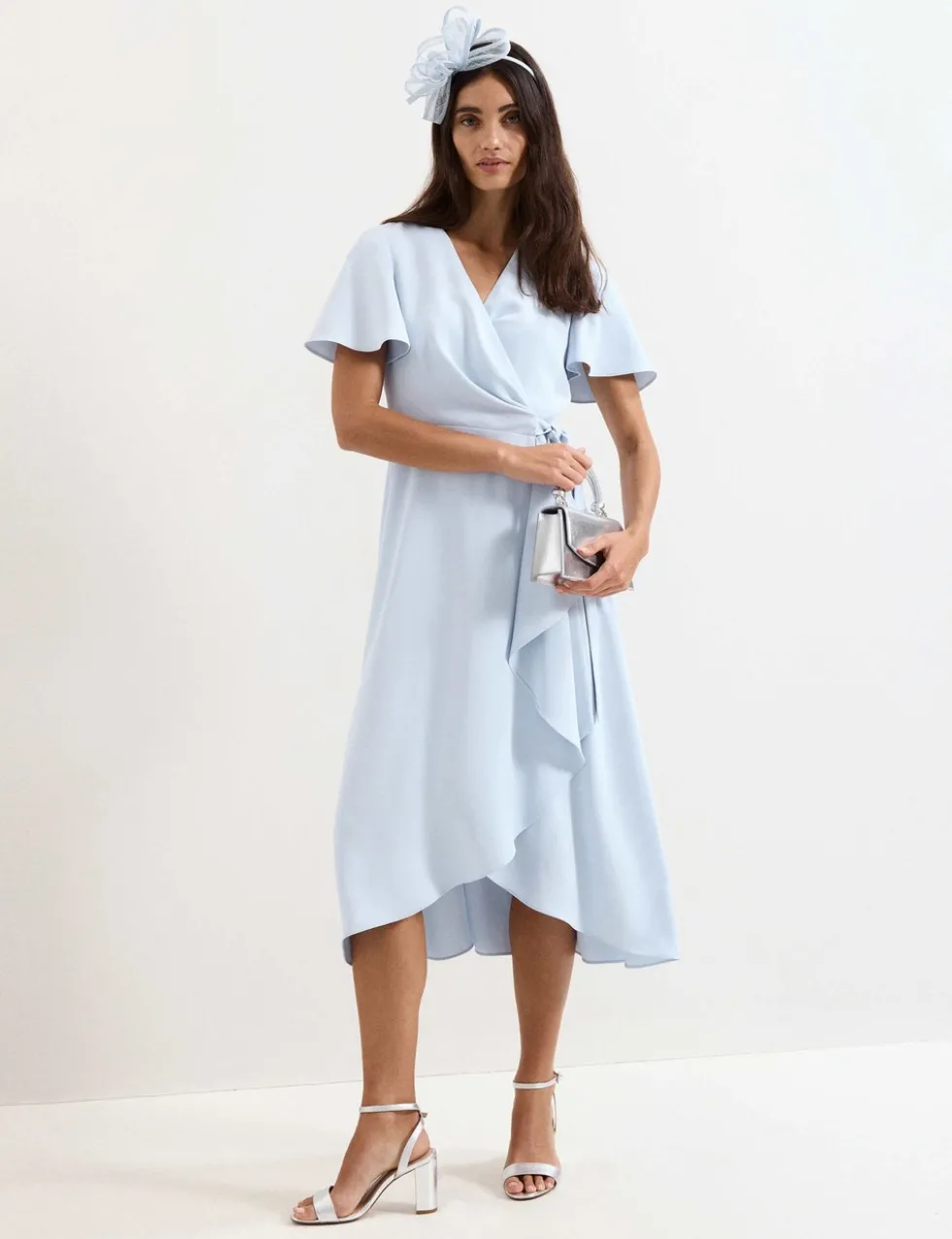 V-Neck Angel Sleeve Midi Wrap Dress