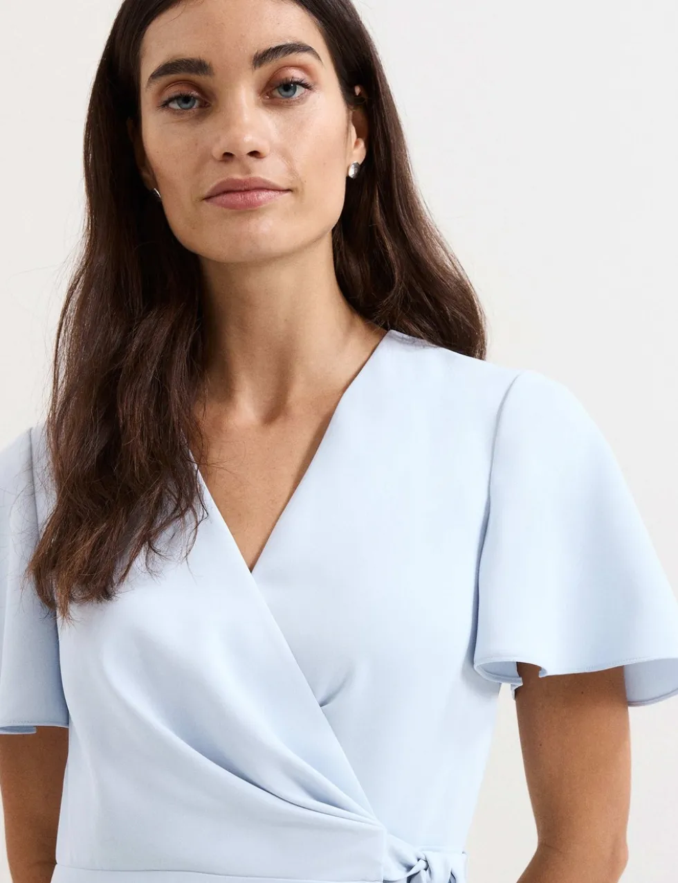 V-Neck Angel Sleeve Midi Wrap Dress