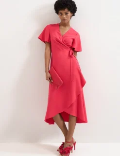 V-Neck Angel Sleeve Midi Wrap Dress