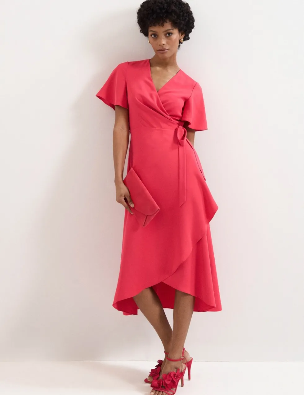 V-Neck Angel Sleeve Midi Wrap Dress