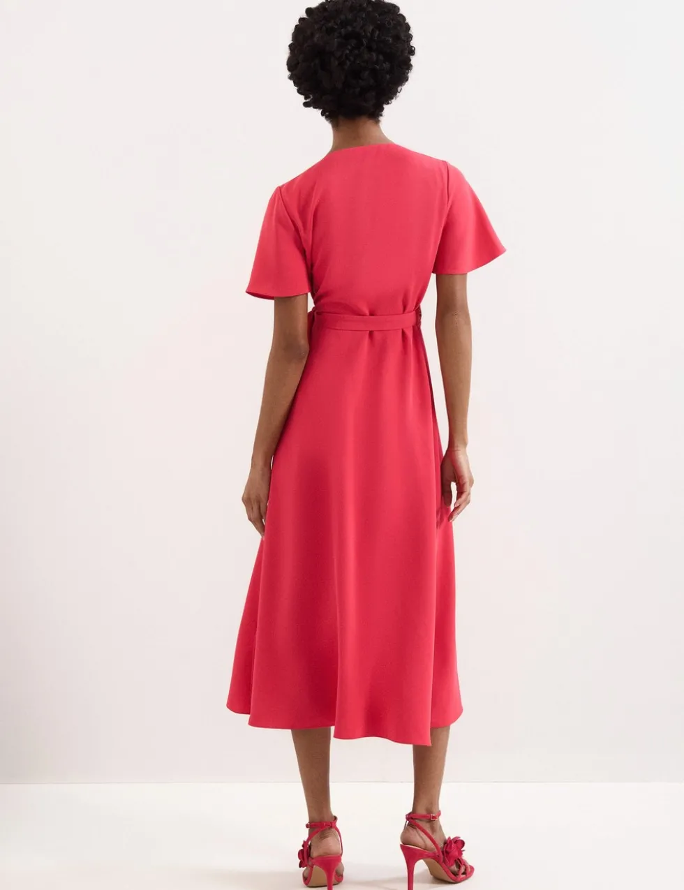 V-Neck Angel Sleeve Midi Wrap Dress