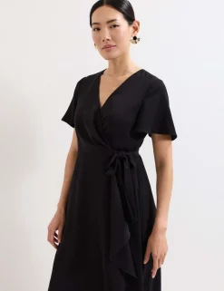 V-Neck Angel Sleeve Midi Wrap Dress