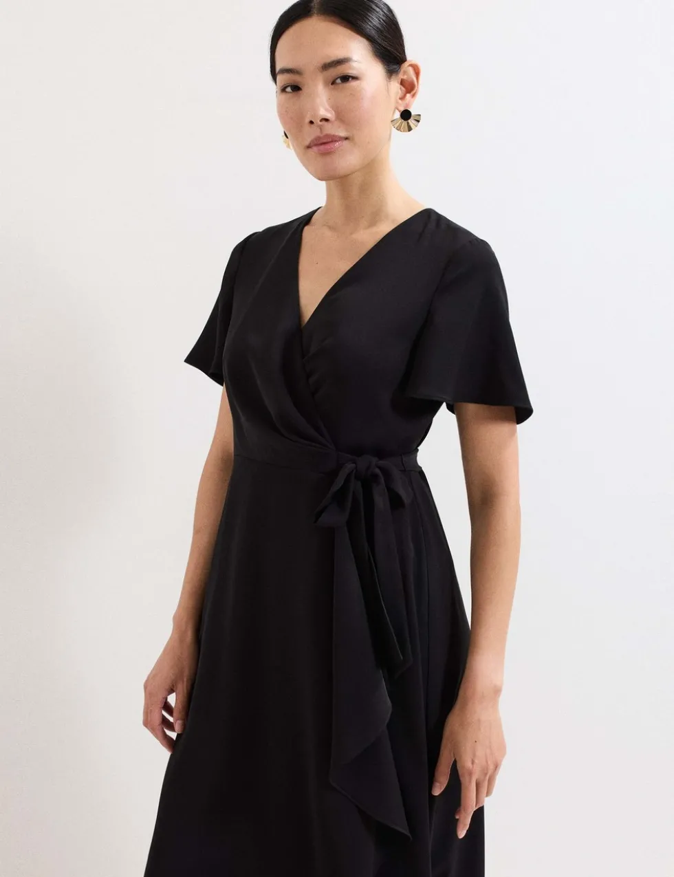V-Neck Angel Sleeve Midi Wrap Dress