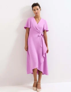 V-Neck Angel Sleeve Midi Wrap Dress