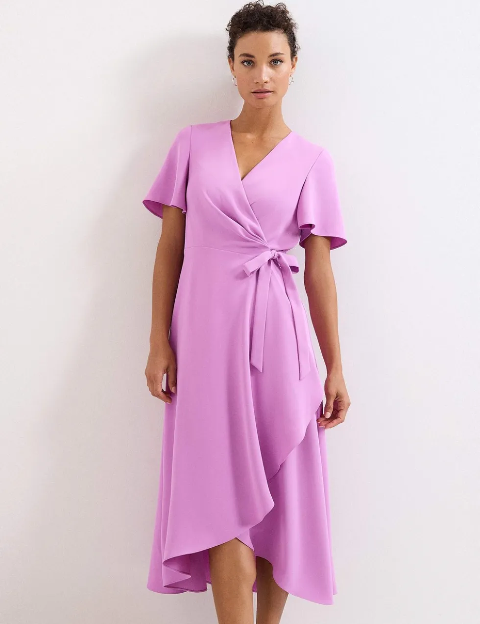 V-Neck Angel Sleeve Midi Wrap Dress