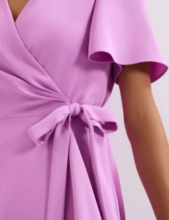 V-Neck Angel Sleeve Midi Wrap Dress