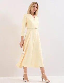 V-Neck Belted Midi Skater Dress