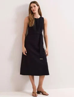 V-Neck Belted Midi Swing Dress