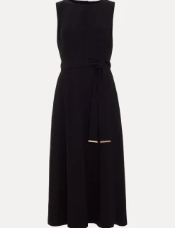 V-Neck Belted Midi Swing Dress