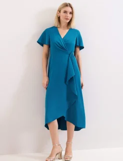 V-Neck Belted Midi Wrap Dress