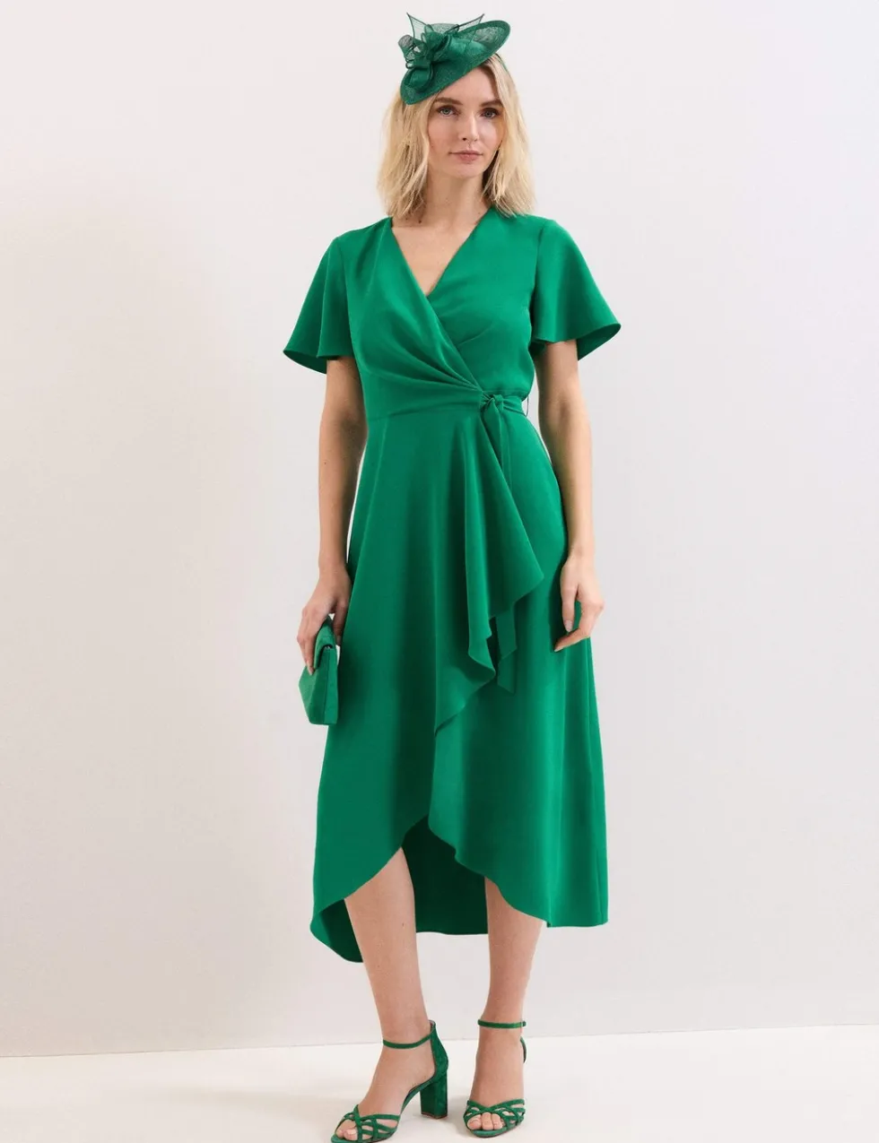 V-Neck Belted Midi Wrap Dress