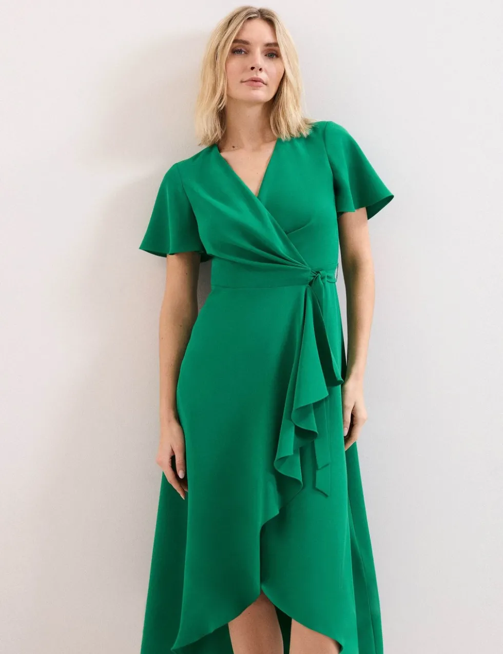 V-Neck Belted Midi Wrap Dress