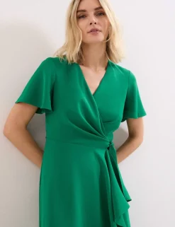 V-Neck Belted Midi Wrap Dress
