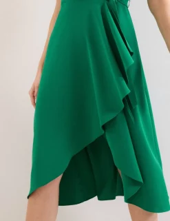V-Neck Belted Midi Wrap Dress